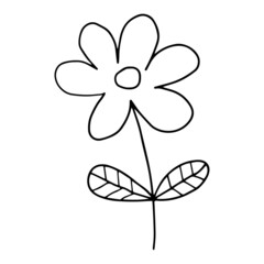 Fantasy cartoon doodle flower with leaves isolated on white background.