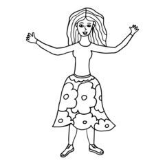 Cartoon doodle linear woman getting ready to hug isolated on white background.