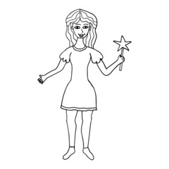 Happy fantasy doodle fairy woman with magic wand.