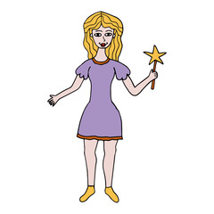 Happy fantasy doodle fairy woman with magic wand.