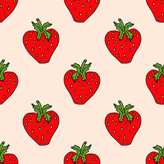 Cute cartoon doodle red strawberry seamless pattern. Fruits background.  