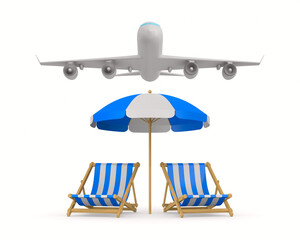 beach umbrella and deckchair and airplane on white background. Isolated 3D illustration