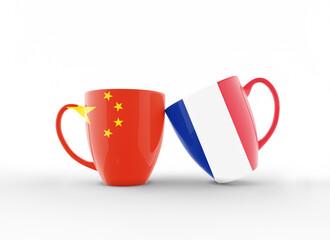 Chinese and French Flags On Coffee Mugs and Celebrating