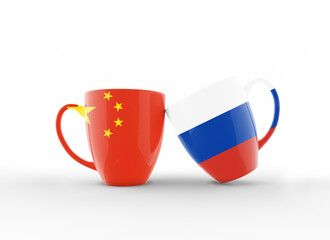 Chinese and Russian Flags On Coffee Mugs and Celebrating
