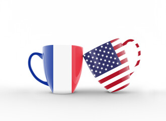 French and USA Flags On Coffee Mugs and Celebrating
