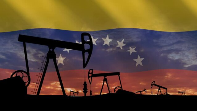 Venezuela. World's largest oil reserves by country. Crude oil production. Oil Pumps silhouettes on sunset and flag of Venezuela background. Oil import and export concept. Seamless loop video.