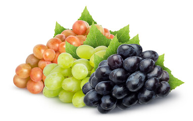 Isolated grapes. Dark blue, green (yellow), red grapes with leaves isolated on white background with clipping path