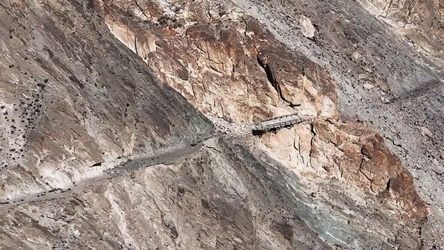 Aerial View Of Section Of Old Silk Road On Mountain Side In Pakistan