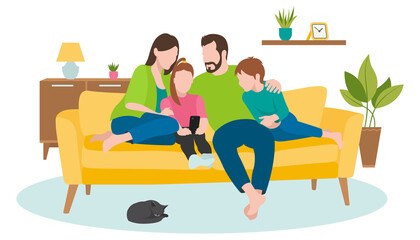 Obraz na płótnie Canvas Husband and wife with children sitting together on the couch and looking at the phone. Family on the couch. Flat design. Vector illustration on white background