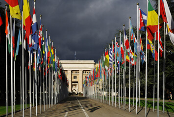 Palace of Nations - home of the United Nations Office at Geneva, member States' flags, previously...