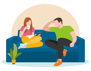 Man and woman sitting on the couch. A man looks at a woman sitting, drinking coffee and reading a magazine. Flat design. Vector illustration on white background