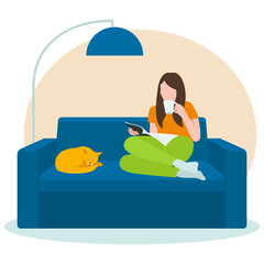 Girl with a cat sitting on the sofa, drinking coffee and reading a magazine. Flat design. Vector illustration on white background