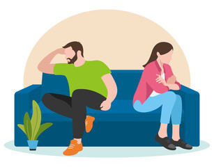 Man and woman who are offended at each other sitting on the couch. Flat design. Vector illustration on white background