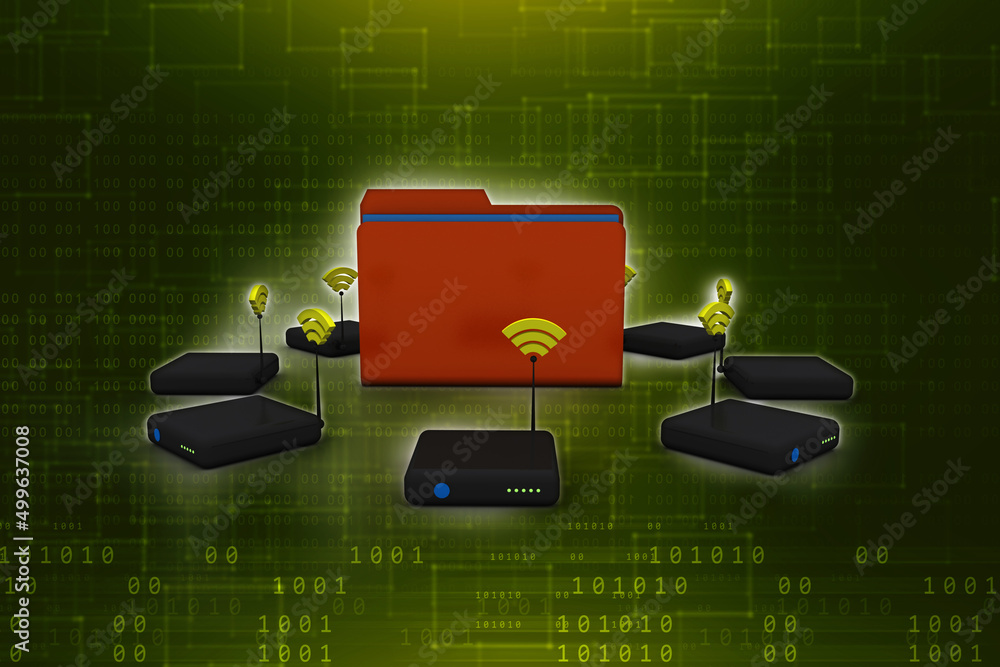 Poster 3d rendering transmitter wifi network around folder