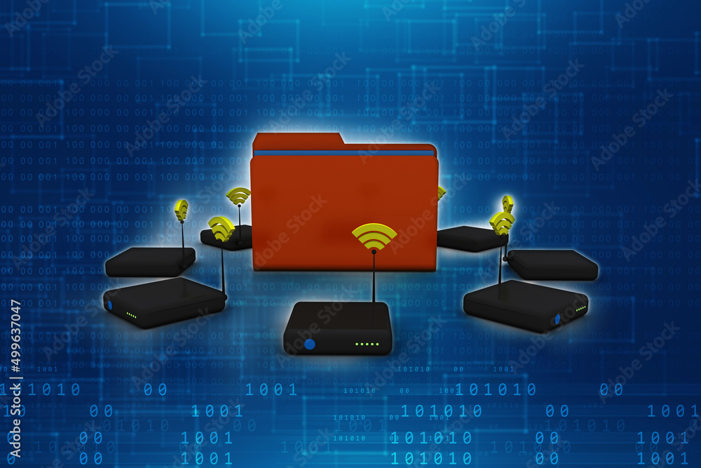 Poster 3d rendering transmitter wifi network around folder