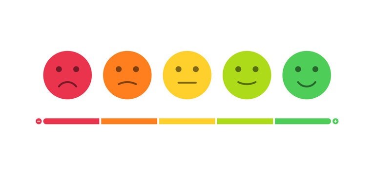 Feedback emoji slider or emoticon level scale for rating emojis happy smile neutral sad angry emotions. five facial expression emojis  