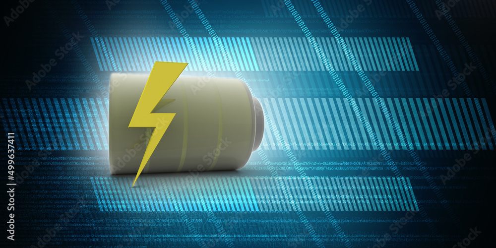 Poster 3d rendering electrical energy and power supply source concept, accumulator battery with charging le