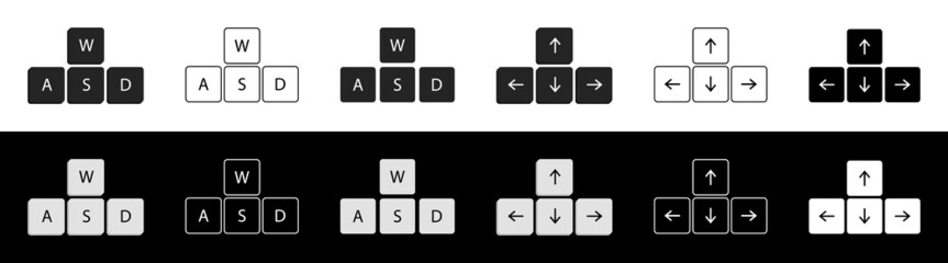 Arrow keyboard. Arrows navigation on keyboard. Icon of down, up, left and right direction. Outline buttons isolated on white and black background. Computer wasd keypad. Vector