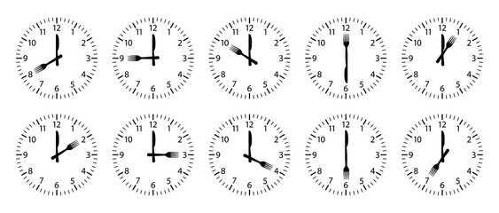 Clock with time breakfast. Clock with fork and knife. Food time icons isolated on white background. Breakfast, lunch, dinner on clocks. Logo for restaurant, kitchen and office. Vector