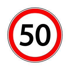 50 speed limit sign. 50 km speed limit for car. Road sign with restriction of fifty kmh. Icon for traffic on city or highway. Isolated icon on white background. Vector