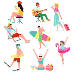 Set of cute vector summer stickers for daily  . Collection of  elements for beach camping party:cocktail,bag,ice cream,bikini,beach hat.Tropical vacation.