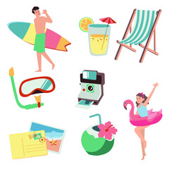 Set of cute vector summer stickers for daily  . Collection of  elements for beach camping party:cocktail,bag,ice cream,bikini,beach hat.Tropical vacation.