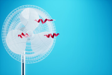 White cooling fan with air currents on a blue background, red ribbons. Summer heat, coolness, hell, air conditioning. 3D render, 3D illustration.