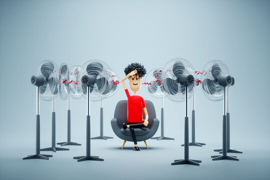 Heat, summer heat, a man sits in front of fans, creative image, modern design, enjoys the coolness. Cartoon style, 3D render, 3D illustration.