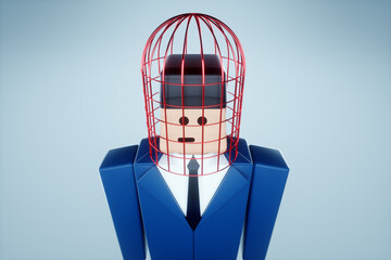 Head of a businessman in a cage. Opportunities are limited, business metaphor, a prison for the mind. 3D render, 3D illustration.