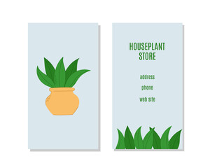 Houseplant store bisiness card, flyer. Hand drawn plant in flowerpot. Florarium, home garden, greenhouse, gardening and potted plant concept