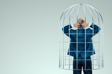 Businessman in a suit in a metal cage. Possibilities are limited, business metaphor, mind prison,...