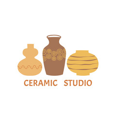 Ceramic studio logo design template. Set of clay pottery and ceramic pots, vases in pastel colors. Isolated vector illustration