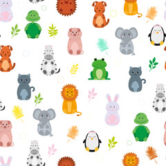 Seamless vector pattern with baby animals on a white background.. Cute animals.