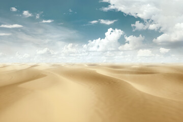 Desert landscape. sand dunes, blue sky. Drought, stagnation, lack of water.