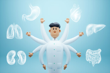Doctor, therapist with many hands, good specialist, many competencies. Huge employment, demanded specialist, professional. The doctor works hard. 3d render, 3d illustration, copy space.