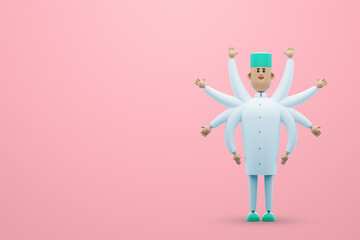 Doctor, therapist with many hands, good specialist, many competencies. Huge employment, demanded specialist, professional. The doctor works hard. 3d render, 3d illustration, copy space.