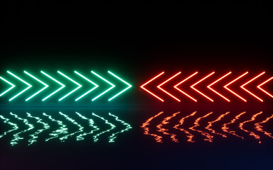 Neon arrows on the water surface, 3d rendering.