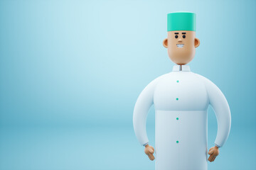 Unusual 3d illustration of a doctor in a white coat. The concept of healthcare, medicine, modern design, magazine style. 3D render, 3D illustration. Medical concept