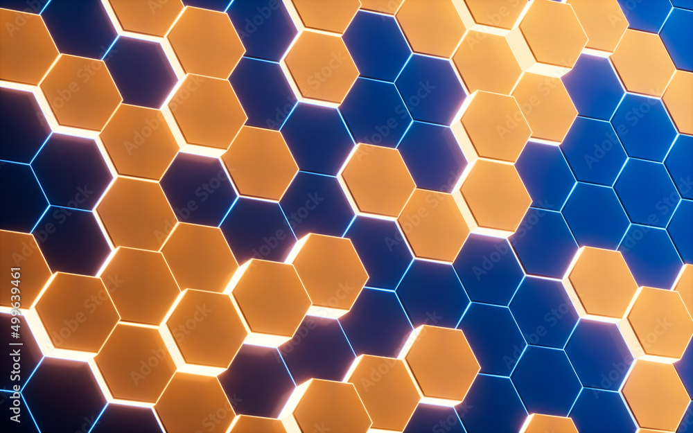 Poster glowing hexagonal background, 3d rendering.