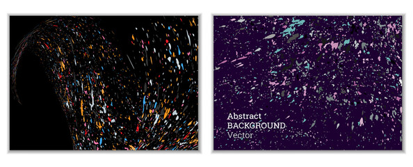 Fototapeta na wymiar Multicolored paint splashes, smears, dust particles and debris are carried by the wind. A set of two templates. Design template for the design of banners, posters, booklets, covers, magazines. EPS 10