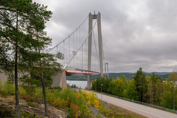 Hogakustenbron, suspension bridge in the High Coast area in Sweedn on a cloudy day. Hoga Kusten trail starting point