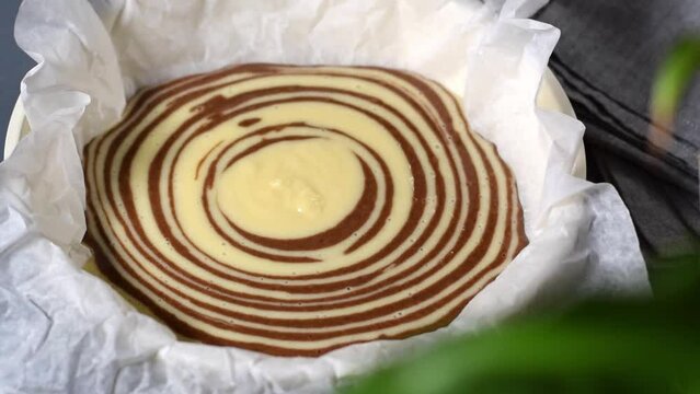 Making marble or zebra cake. Pouring chocolate and white dough step by step into the baking pan to prepare the striped dessert