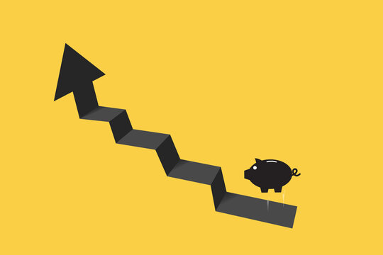 black Piggy Bank Jump on Arrow Up on yellow background. growing bars with piggy bank and arrow. Money saving or accumulating, Financial services, Deposit concept