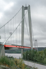 Hogakustenbron, suspension bridge in the High Coast area in Sweedn on a cloudy day. Hoga Kusten trail starting point