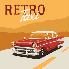 Postcard red taxi driving on the road. Retro car illustration 