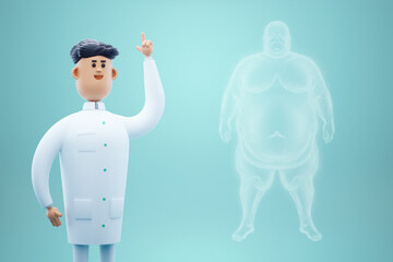 White horogram of a fat man on a blue background isolate. The concept of obesity, overweight, health problems, diet, diabetes. Copy space, 3D render, 3D illustration.