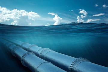Gas pipeline under water, metal pipes at the bottom of the sea. The concept of oil pipeline, gas...