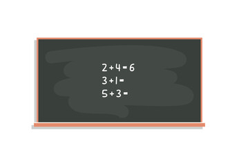Numbers study and math exercises calculating on chalk board at lesson flat vector illustration.