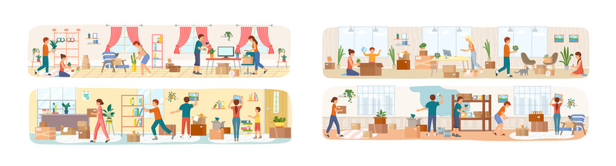 Set of illustrations about people moving to new house, carrying things to apartment, changing place of residence, relocation. Unpacking things after shipping, decorating home. Rental of premises