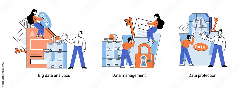 Poster big data analytics platform, data management and protection creative metaphor set abstract concept. 